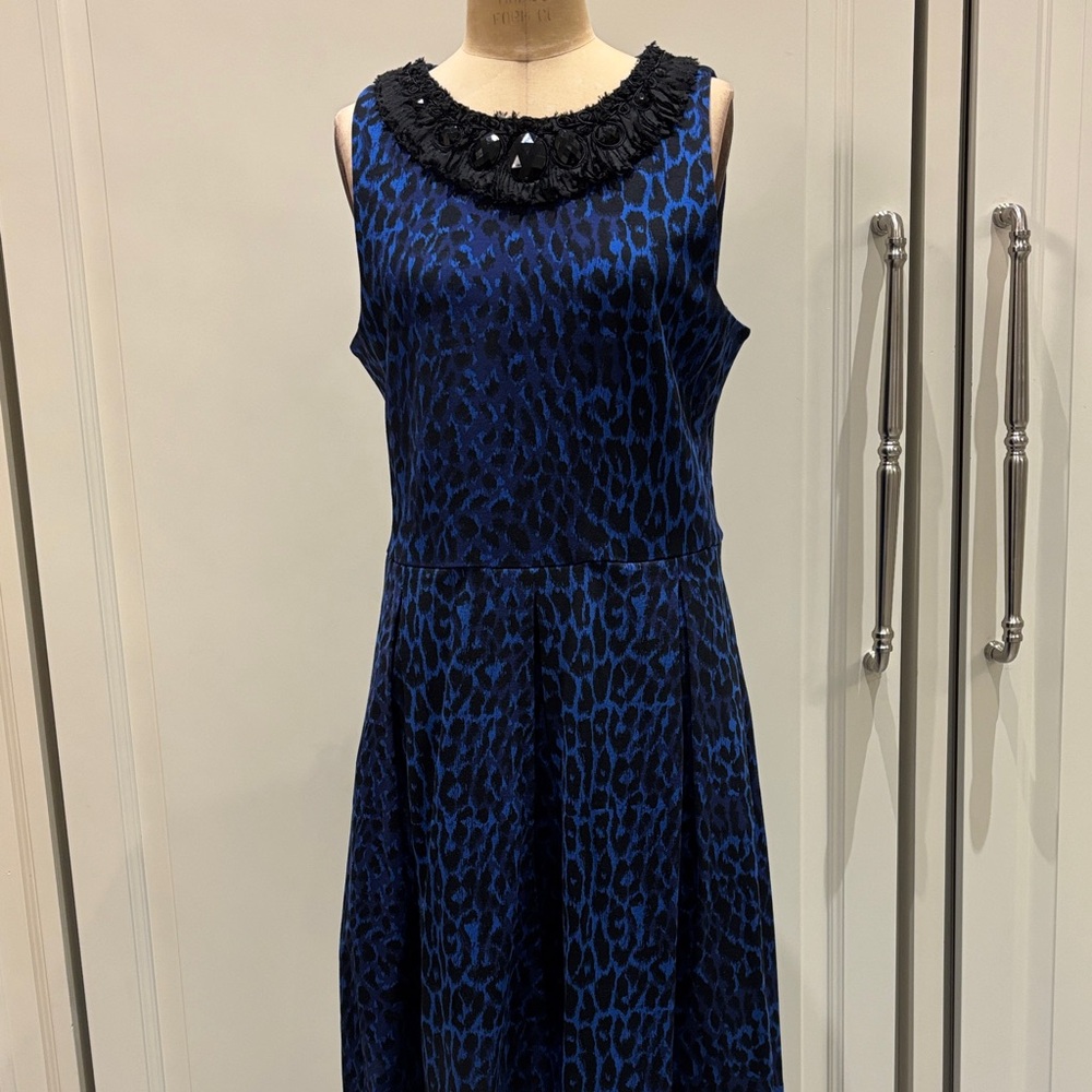 Elegant Blue Leopard Print Dress with beaded appliqué